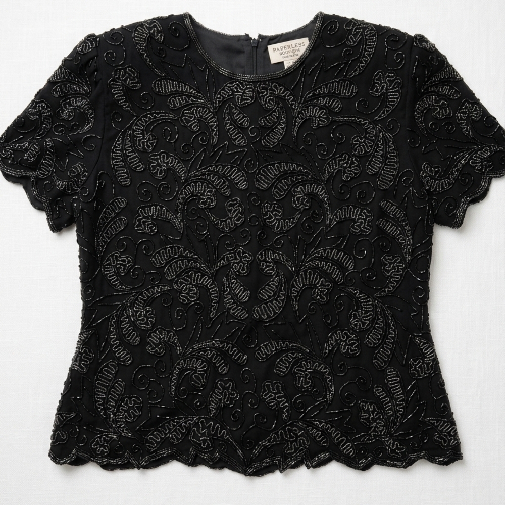 Papell Boutique Black Embroidered Beaded Blouse